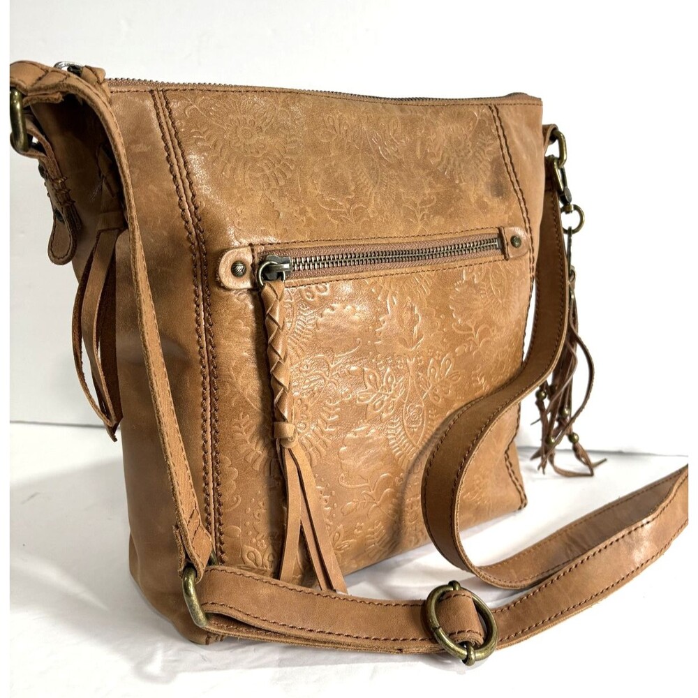 The Sak Ashland Women Brown Leather Crossbody Bag Shoulder Purse Floral Embossed